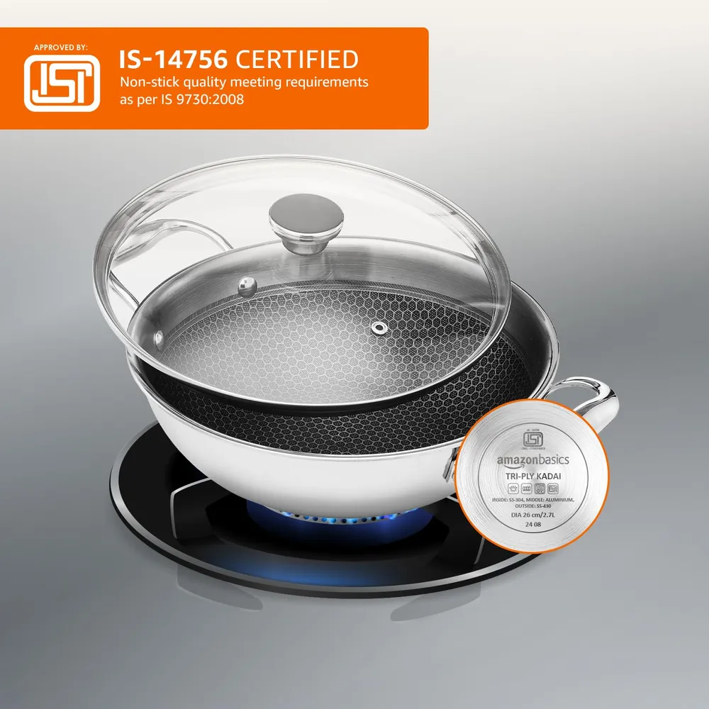 Amazon Basics Non-Stick Honeycomb Triply Stainless Steel Kadhai with Glass Lid, 24 cm - 2.7L, Fast & Even Heating, Induction & Gas Compatible