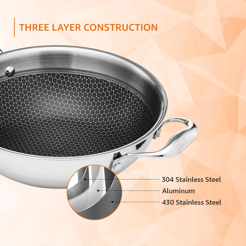 Amazon Basics Non-Stick Honeycomb Triply Stainless Steel Kadhai with Glass Lid, 24 cm - 2.7L, Fast & Even Heating, Induction & Gas Compatible