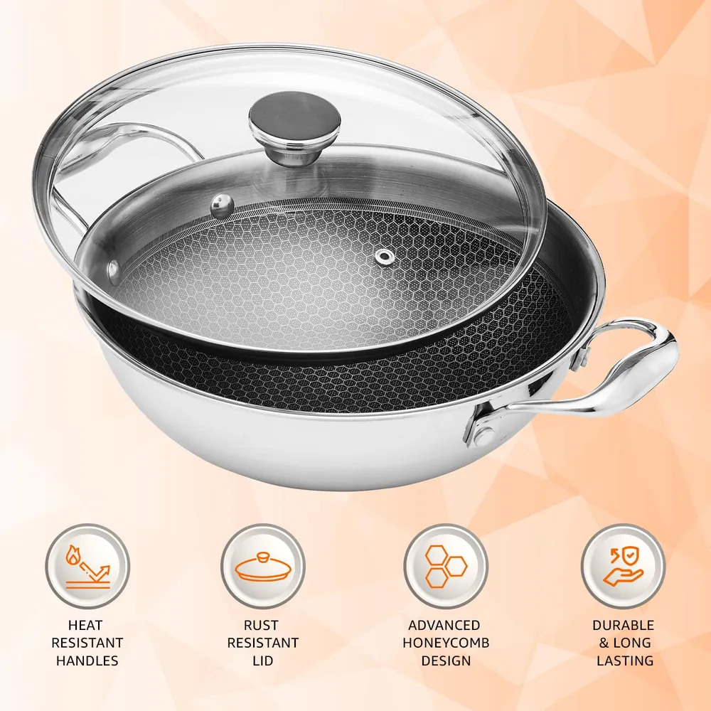 Amazon Basics Non-Stick Honeycomb Triply Stainless Steel Kadhai with Glass Lid, 24 cm - 2.7L, Fast & Even Heating, Induction & Gas Compatible