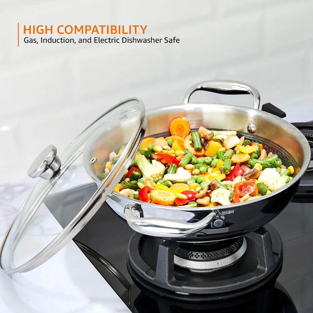 Amazon Basics Non-Stick Honeycomb Triply Stainless Steel Kadhai with Glass Lid, 24 cm - 2.7L, Fast & Even Heating, Induction & Gas Compatible