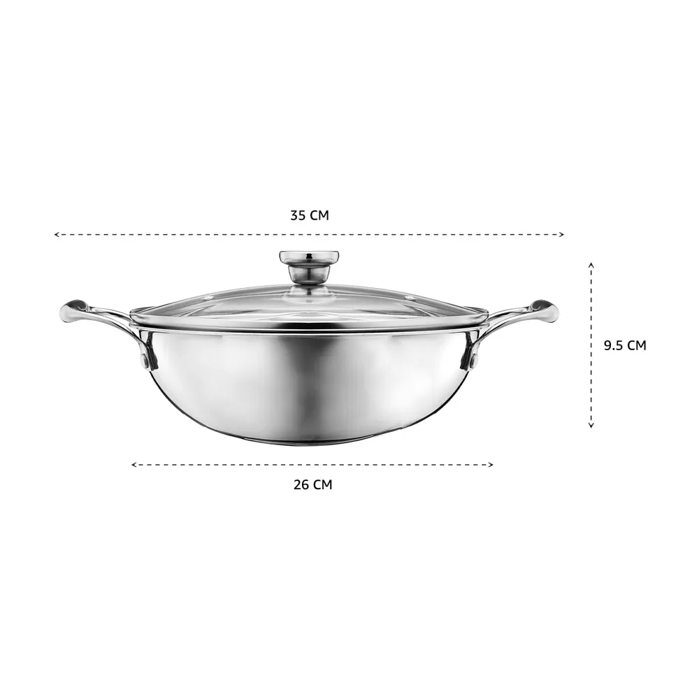 Amazon Basics Non-Stick Honeycomb Triply Stainless Steel Kadhai with Glass Lid, 24 cm - 2.7L, Fast & Even Heating, Induction & Gas Compatible