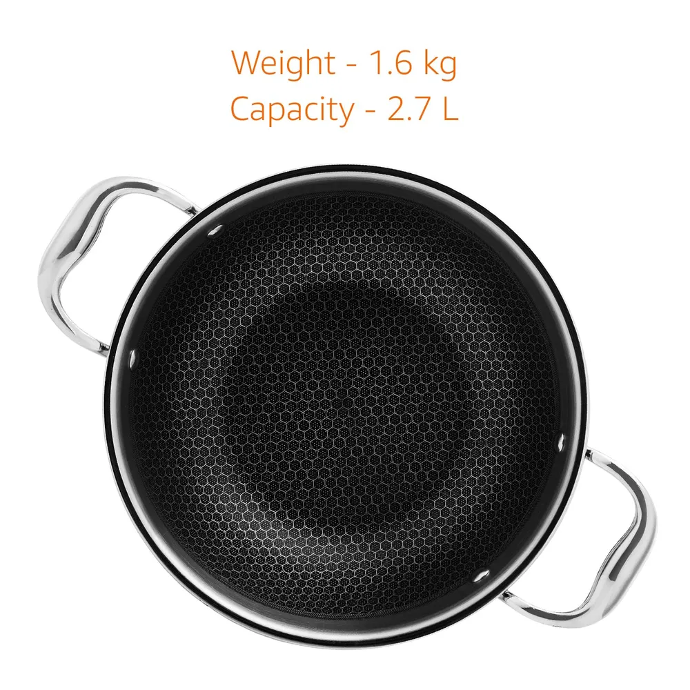 Amazon Basics Non-Stick Honeycomb Triply Stainless Steel Kadhai with Glass Lid, 24 cm - 2.7L, Fast & Even Heating, Induction & Gas Compatible