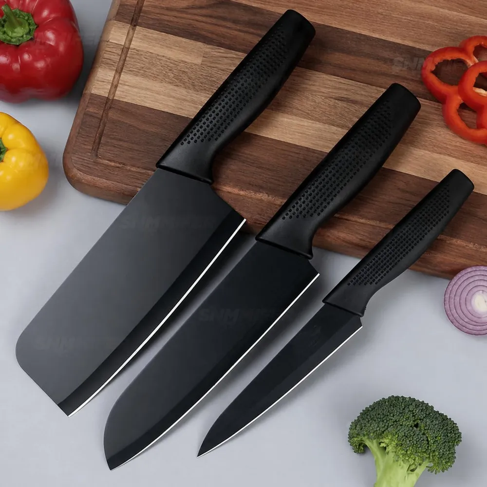 SNMMIFER Kitchen Knife Set, 3 Piece, High Carbon Stainless Steel, Non-Slip PP Handle, Black, for Cooking, Cutting and Slicing (Black)