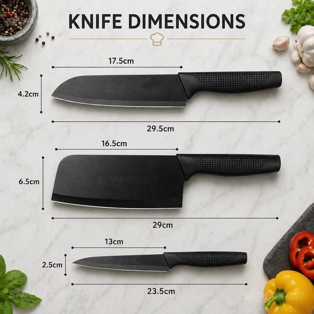 SNMMIFER Kitchen Knife Set, 3 Piece, High Carbon Stainless Steel, Non-Slip PP Handle, Black, for Cooking, Cutting and Slicing (Black)