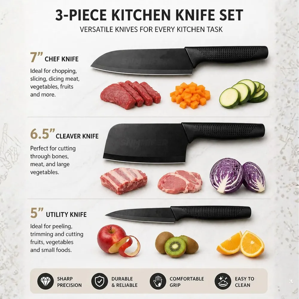 SNMMIFER Kitchen Knife Set, 3 Piece, High Carbon Stainless Steel, Non-Slip PP Handle, Black, for Cooking, Cutting and Slicing (Black)