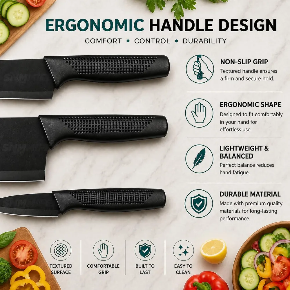 SNMMIFER Kitchen Knife Set, 3 Piece, High Carbon Stainless Steel, Non-Slip PP Handle, Black, for Cooking, Cutting and Slicing (Black)