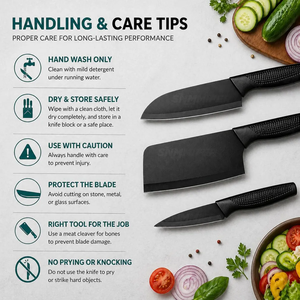SNMMIFER Kitchen Knife Set, 3 Piece, High Carbon Stainless Steel, Non-Slip PP Handle, Black, for Cooking, Cutting and Slicing (Black)