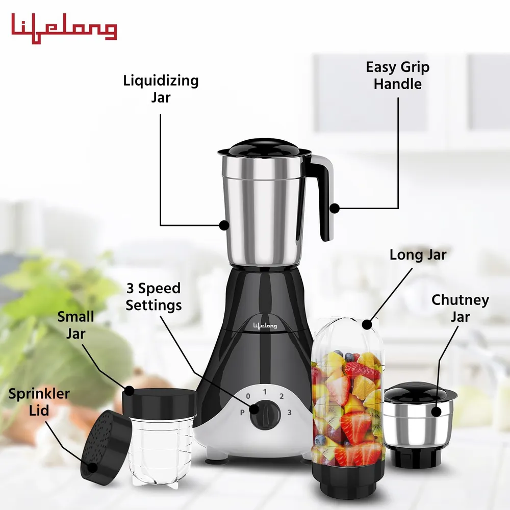 Lifelong Mixer Grinder for Kitchen - 4 Jars 500 Watt Mixie - 2 Nutri bullet Jars for Smoothie & Blending, Chutney Jar & Liquidizing Jar used as Wet Grinder & Blender - Stainless Steel Blades (LLMG39)