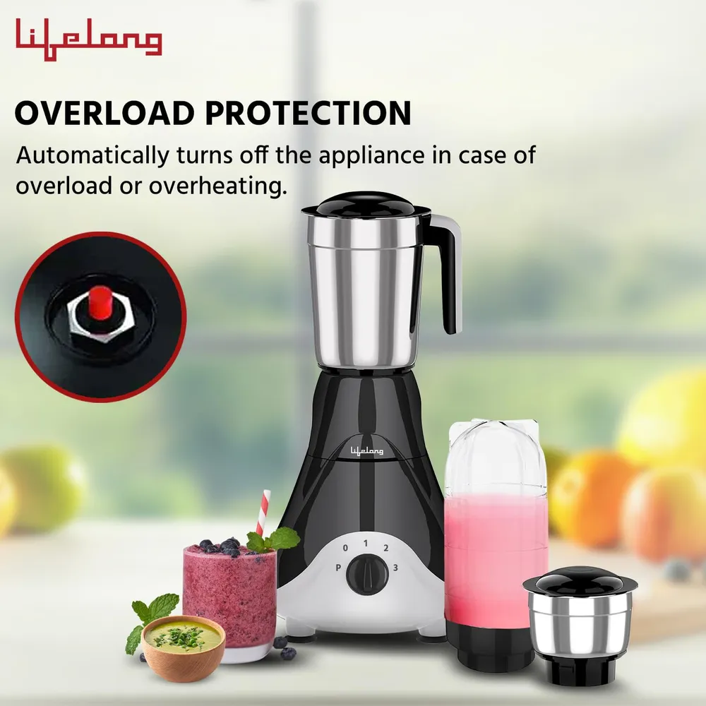 Lifelong Mixer Grinder for Kitchen - 4 Jars 500 Watt Mixie - 2 Nutri bullet Jars for Smoothie & Blending, Chutney Jar & Liquidizing Jar used as Wet Grinder & Blender - Stainless Steel Blades (LLMG39)