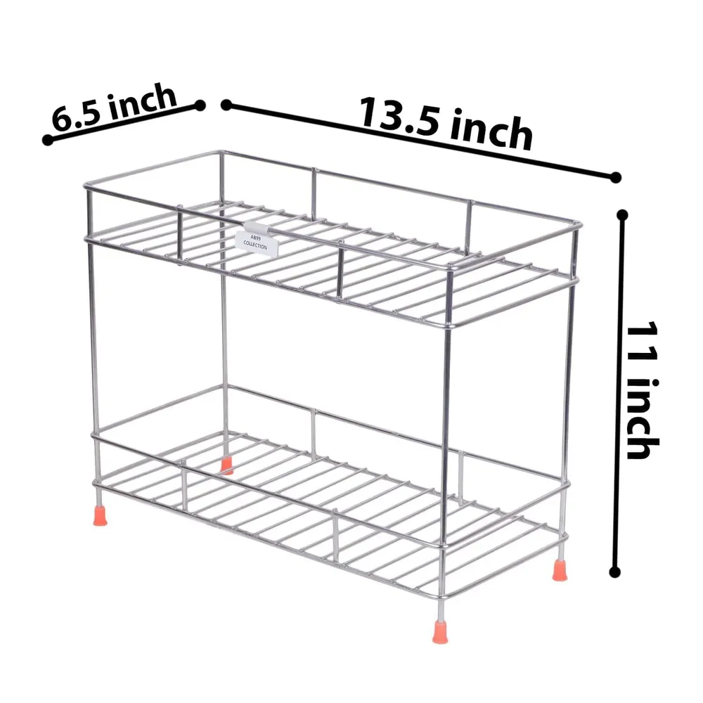 Cri8Hub Stainless Steel 2 Tiered Shelf Kitchen Rack - Spice Boxes Organizer –Kitchen Rack Stand - Cosmetic Organizer – Counter Top Organiser - Floor Mounted Shelf For Home(Multipurpose Rack)