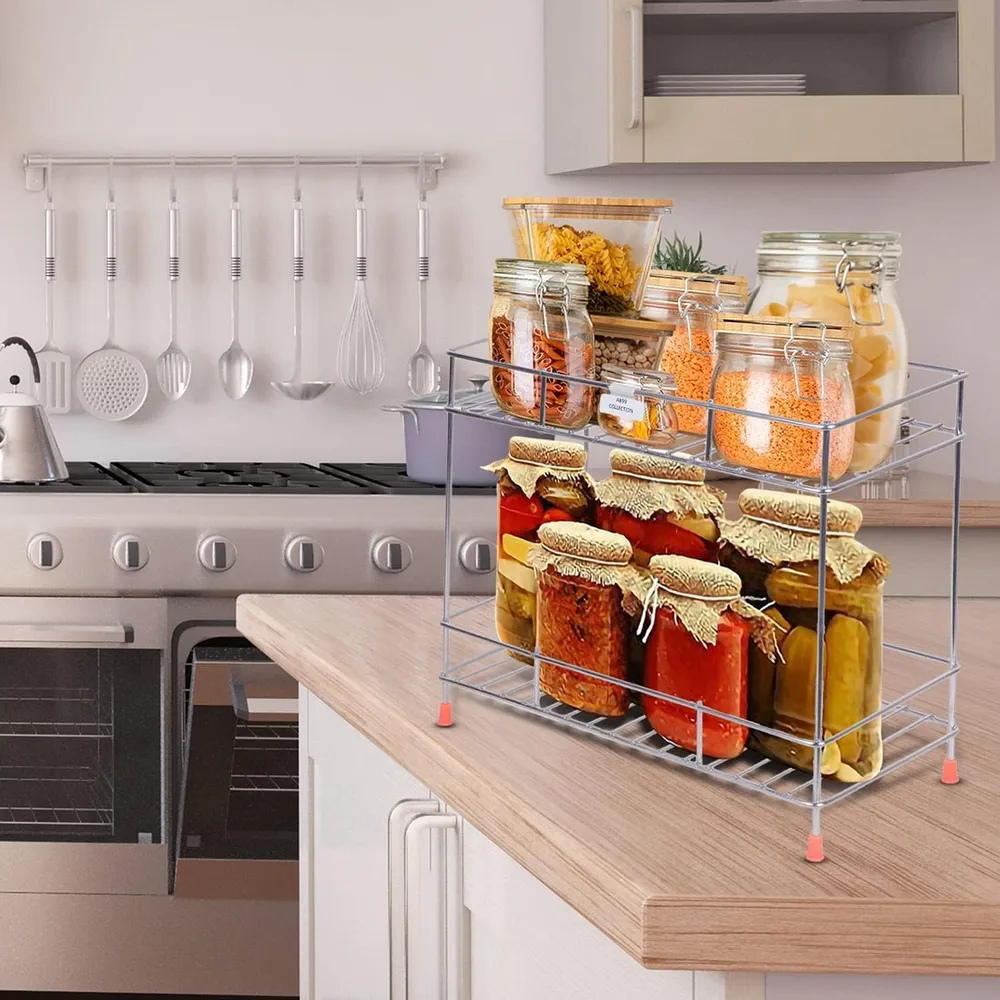 Cri8Hub Stainless Steel 2 Tiered Shelf Kitchen Rack - Spice Boxes Organizer –Kitchen Rack Stand - Cosmetic Organizer – Counter Top Organiser - Floor Mounted Shelf For Home(Multipurpose Rack)
