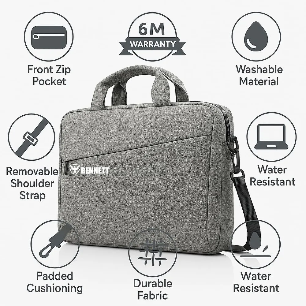 Bennett™ Mystic 15.6 inch (39.6cm) Laptop Briefcase Shoulder Sling Office Business Professional Travel Messenger Bag for Men and Women Water Repellent Formal Executive Bags (Grey) 6 Months Warranty
