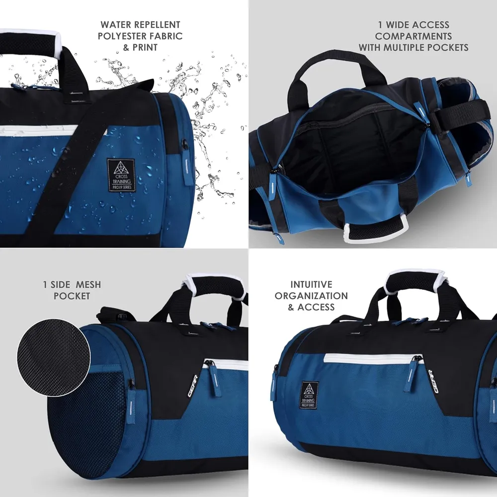 Gear Cross Training 9"/29L Large Water Resistant Duffle Bag | Travel Bag | Gym Bag for Men & Women (Moroccan Blue - Black)