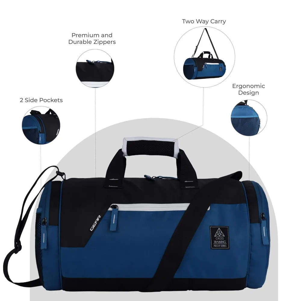 Gear Cross Training 9"/29L Large Water Resistant Duffle Bag | Travel Bag | Gym Bag for Men & Women (Moroccan Blue - Black)