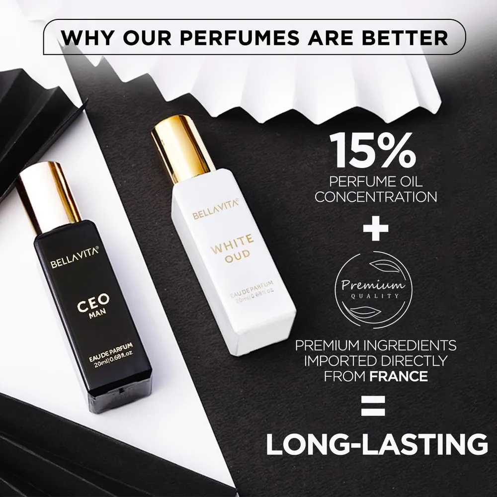 BELLAVITA CEO MAN and WHITE OUD Unisex | Long Lasting Perfume Unisex | Eau De Parfum pack of 2x20ml each | Tonka, Agarwood & Orange | Woody, Spicy & Citrus Premium Fragrance
