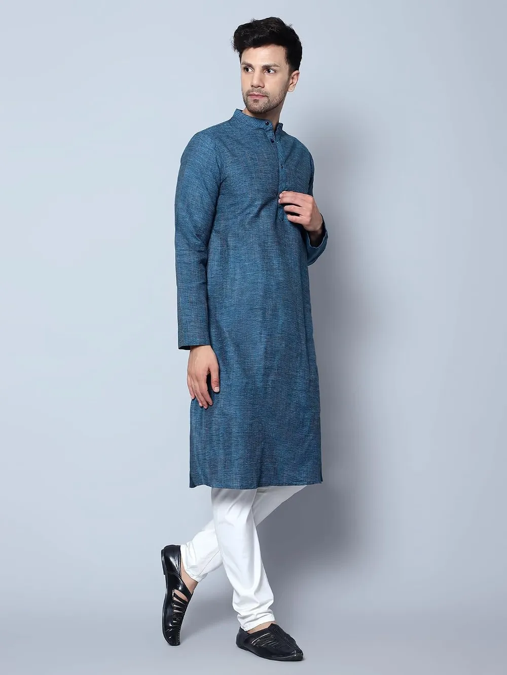 LATEST CHIKAN Men's Cotton Regular Textured Long Kurta Full Sleeves - Casual Ethnic Wear