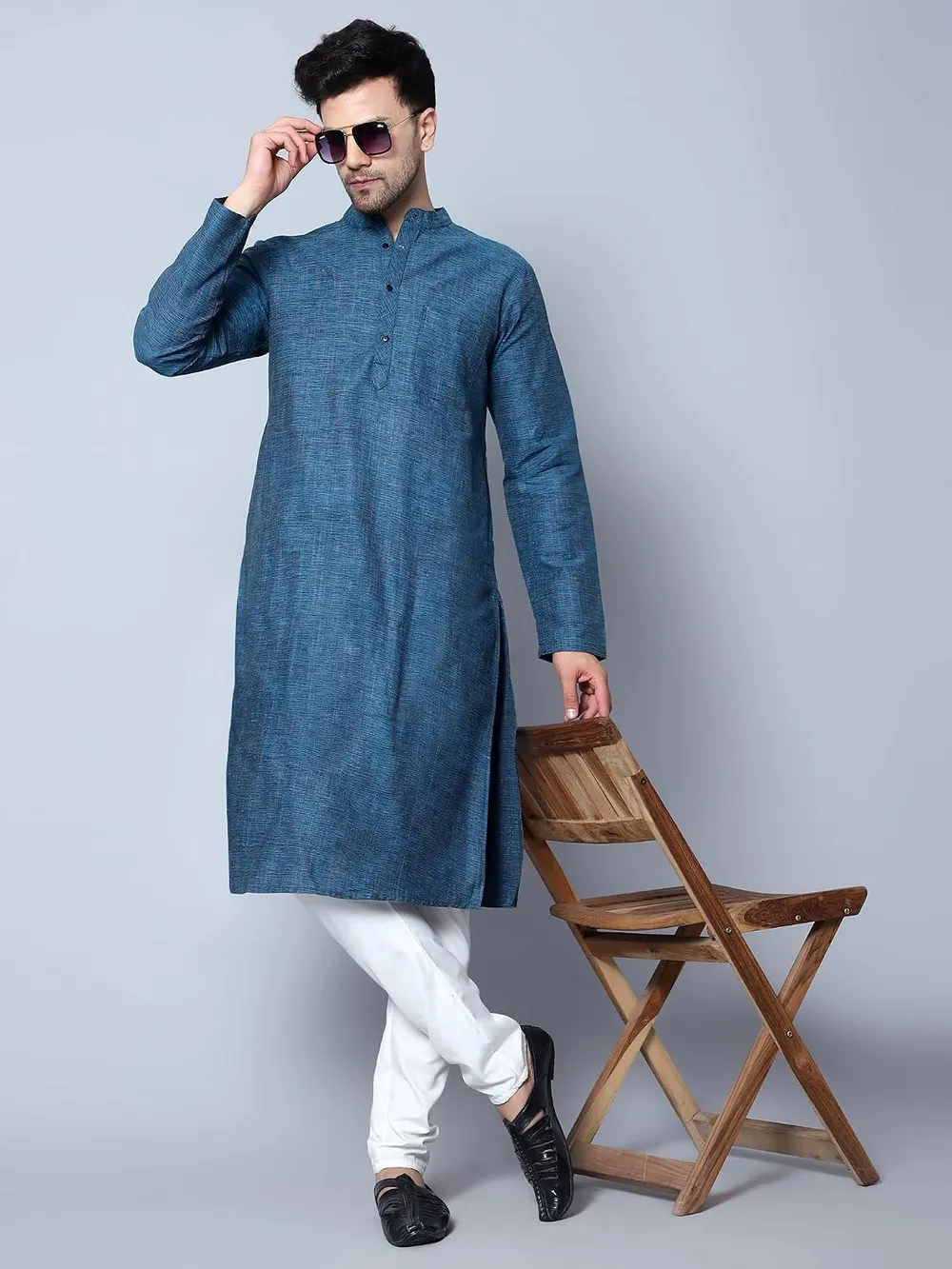 LATEST CHIKAN Men's Cotton Regular Textured Long Kurta Full Sleeves - Casual Ethnic Wear