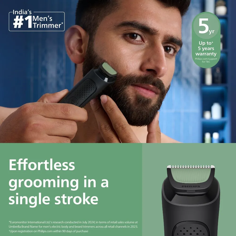 Philips India's No.1 Men's Trimmer* | One stroke beard trimming | All-in-One Grooming Kit- Face, Hair, Body | Ear/Nose attachment | Safe for Sensitive Skin | 60 mins runtime | 5yr warranty* | MG3927