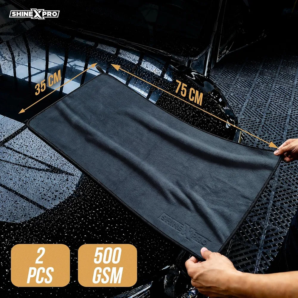 ShineXPro Microfiber Car Cleaning Cloth - OG Soft 500 GSM Extra Large (35x75 CM) Microfiber Cloth for Car and Bike - Suede Edging for Scratchless Drying and Detailing (Pack of 2, Grey)