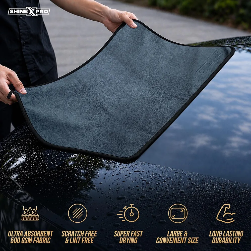 ShineXPro Microfiber Car Cleaning Cloth - OG Soft 500 GSM Extra Large (35x75 CM) Microfiber Cloth for Car and Bike - Suede Edging for Scratchless Drying and Detailing (Pack of 2, Grey)