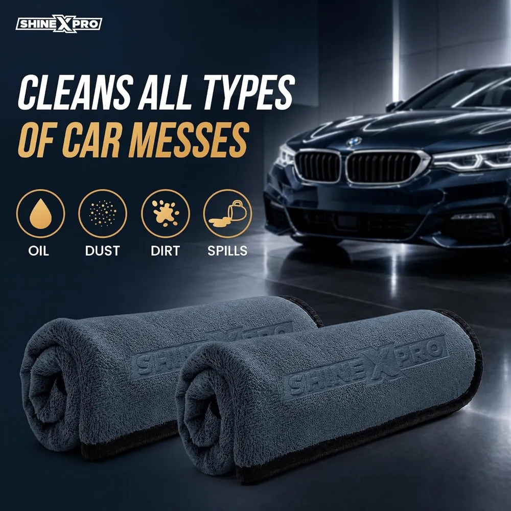 ShineXPro Microfiber Car Cleaning Cloth - OG Soft 500 GSM Extra Large (35x75 CM) Microfiber Cloth for Car and Bike - Suede Edging for Scratchless Drying and Detailing (Pack of 2, Grey)