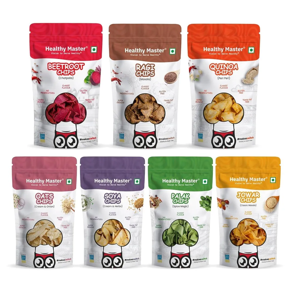 Healthy Master Millet Chips Combo 210g (7x30g) | Source of Protein | Gluten Free Snacks | No Preservatives | Made with Ragi, Quinoa, Oats, Beetroot, Palak, Jowar & Soya | No Palm Oil