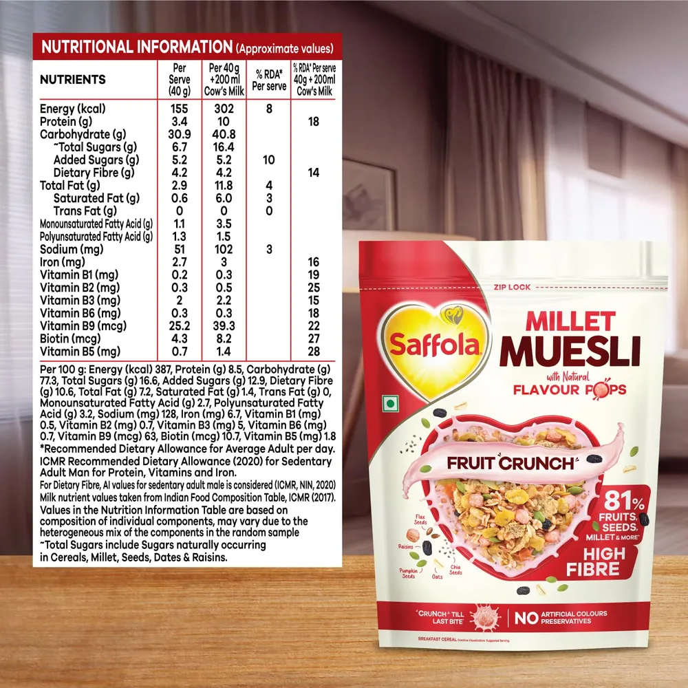 Saffola Millet Muesli with Crunchy Flavour Pops & High Fibre | 650g | Fruit Crunch | 81% Fruits, Seeds & More | Power of Millet | Goodness of 5: Protein, Fibre, Vitamins, Iron & Jowar