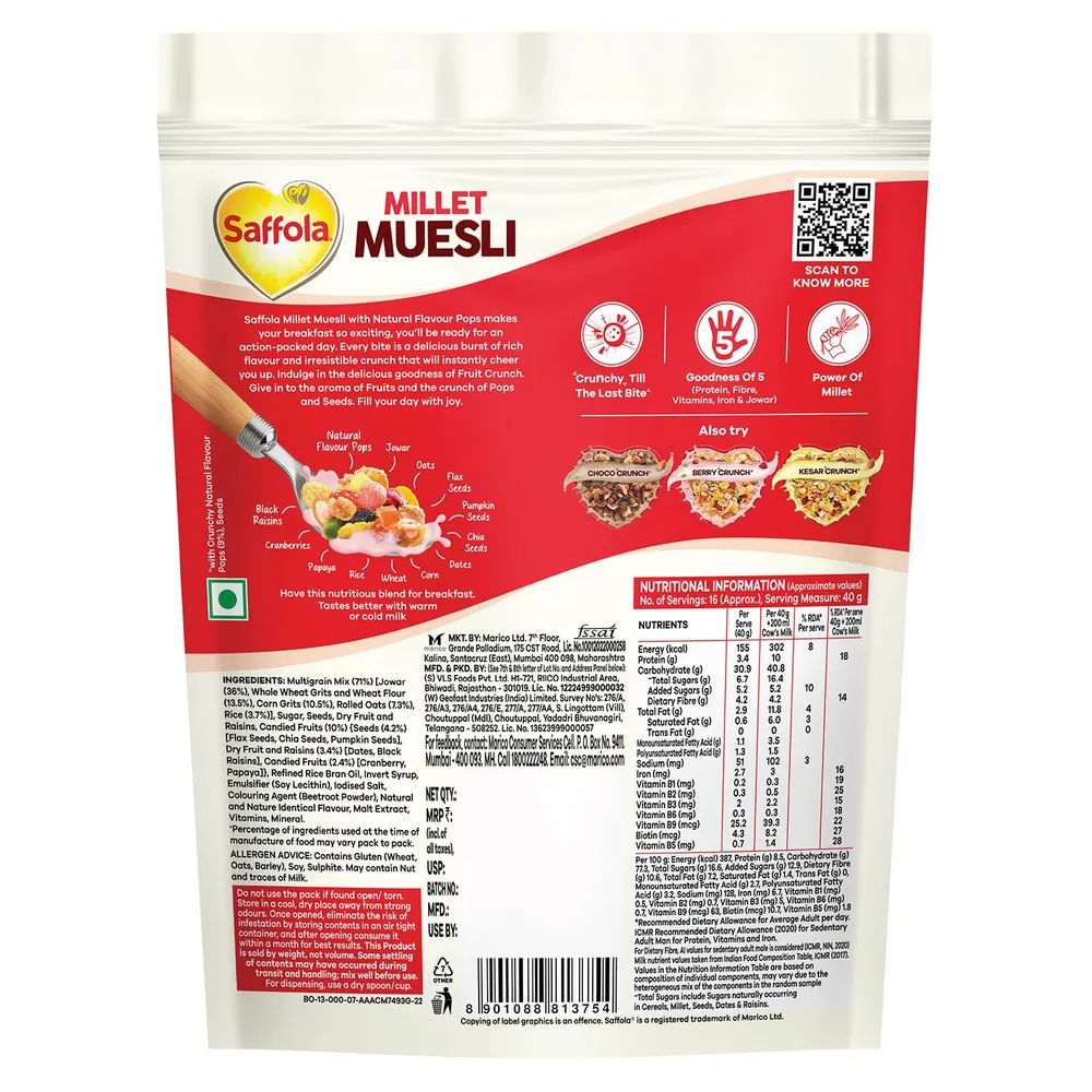 Saffola Millet Muesli with Crunchy Flavour Pops & High Fibre | 650g | Fruit Crunch | 81% Fruits, Seeds & More | Power of Millet | Goodness of 5: Protein, Fibre, Vitamins, Iron & Jowar