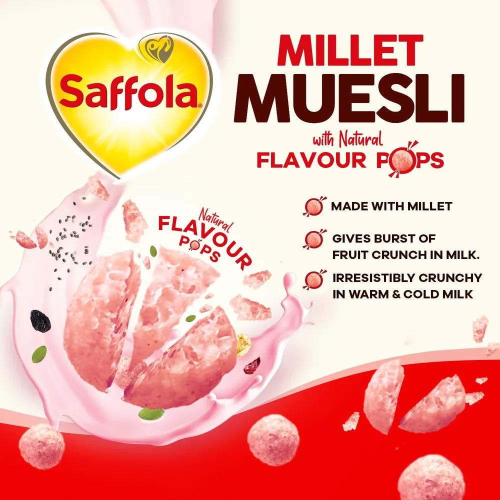 Saffola Millet Muesli with Crunchy Flavour Pops & High Fibre | 650g | Fruit Crunch | 81% Fruits, Seeds & More | Power of Millet | Goodness of 5: Protein, Fibre, Vitamins, Iron & Jowar