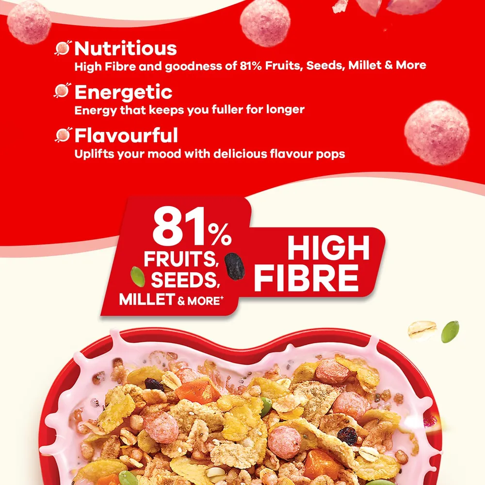 Saffola Millet Muesli with Crunchy Flavour Pops & High Fibre | 650g | Fruit Crunch | 81% Fruits, Seeds & More | Power of Millet | Goodness of 5: Protein, Fibre, Vitamins, Iron & Jowar