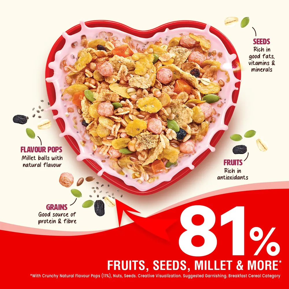 Saffola Millet Muesli with Crunchy Flavour Pops & High Fibre | 650g | Fruit Crunch | 81% Fruits, Seeds & More | Power of Millet | Goodness of 5: Protein, Fibre, Vitamins, Iron & Jowar