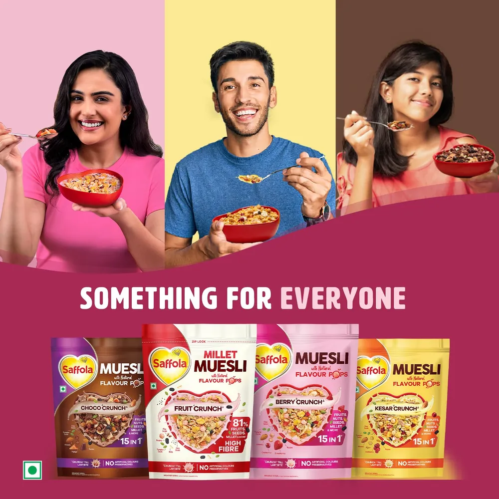 Saffola Millet Muesli with Crunchy Flavour Pops & High Fibre | 650g | Fruit Crunch | 81% Fruits, Seeds & More | Power of Millet | Goodness of 5: Protein, Fibre, Vitamins, Iron & Jowar