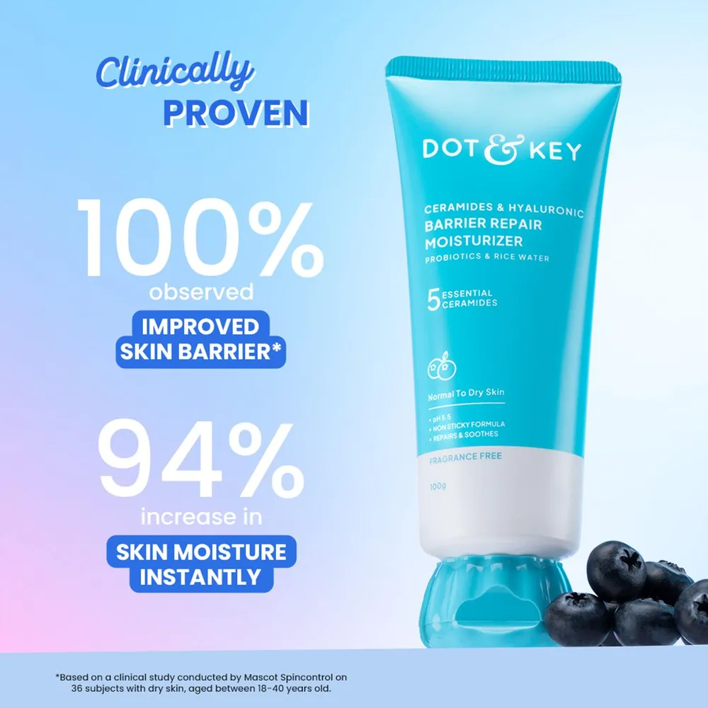 Dot & Key Barrier Repair Moisturizer For Normal, Dry, Combination & Sensitive Skin | 120 Hrs Moisturization, With 5 Ceramides & Hyaluronic | Repairs Damaged Skin Barrier, Non-Comedogenic | 100g