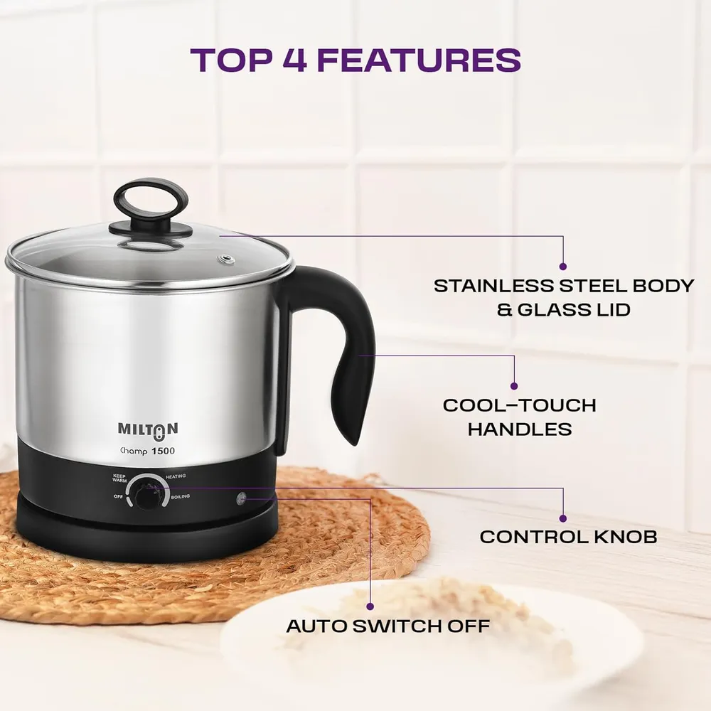Milton Champ 1.5L 600W Electric Multi Cook Kettle with Steamer | Multipurpose Electric Kettle for Boiling Eggs, Water, Milk, Tea, Noodles & Soup | Stainless Steel Body | 3 Modes | 1 Year Warranty