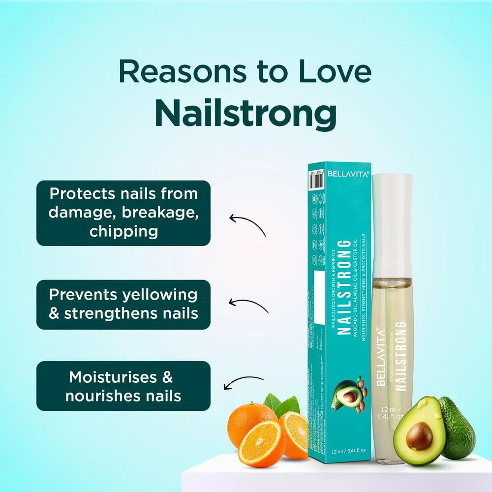 Bella Vita Organic Nail Strong Oil for Cuticle Care, Nail Growth & Strength With Goodness of Almond Oil - Soft, Smooth, & Strong Lustrous Nails, 12 ml
