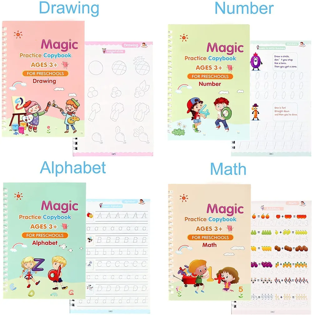 SHNMN Sank Magic Practice Copybook, (4 BOOK +1 PEN + 10 REFILL) Number Tracing Book for Preschoolers with Pen, Magic calligraphy books for kids Reusable Writing Tool
