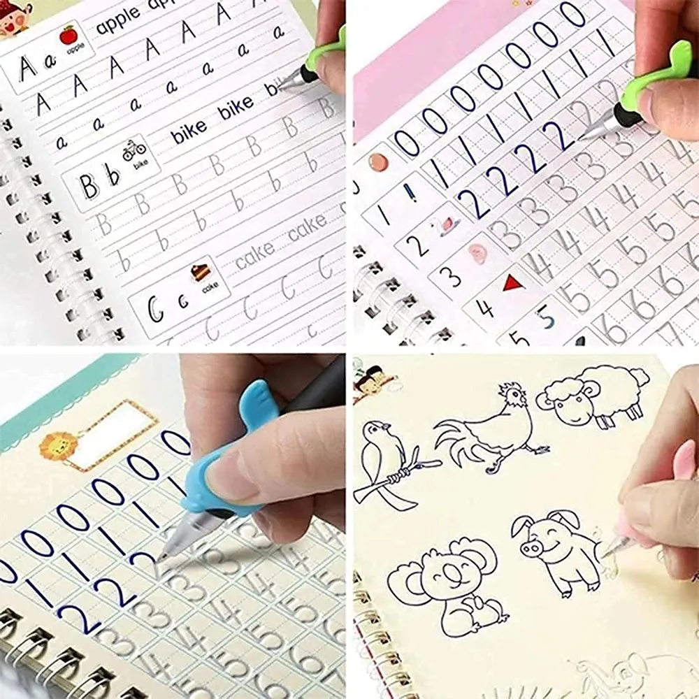 SHNMN Sank Magic Practice Copybook, (4 BOOK +1 PEN + 10 REFILL) Number Tracing Book for Preschoolers with Pen, Magic calligraphy books for kids Reusable Writing Tool