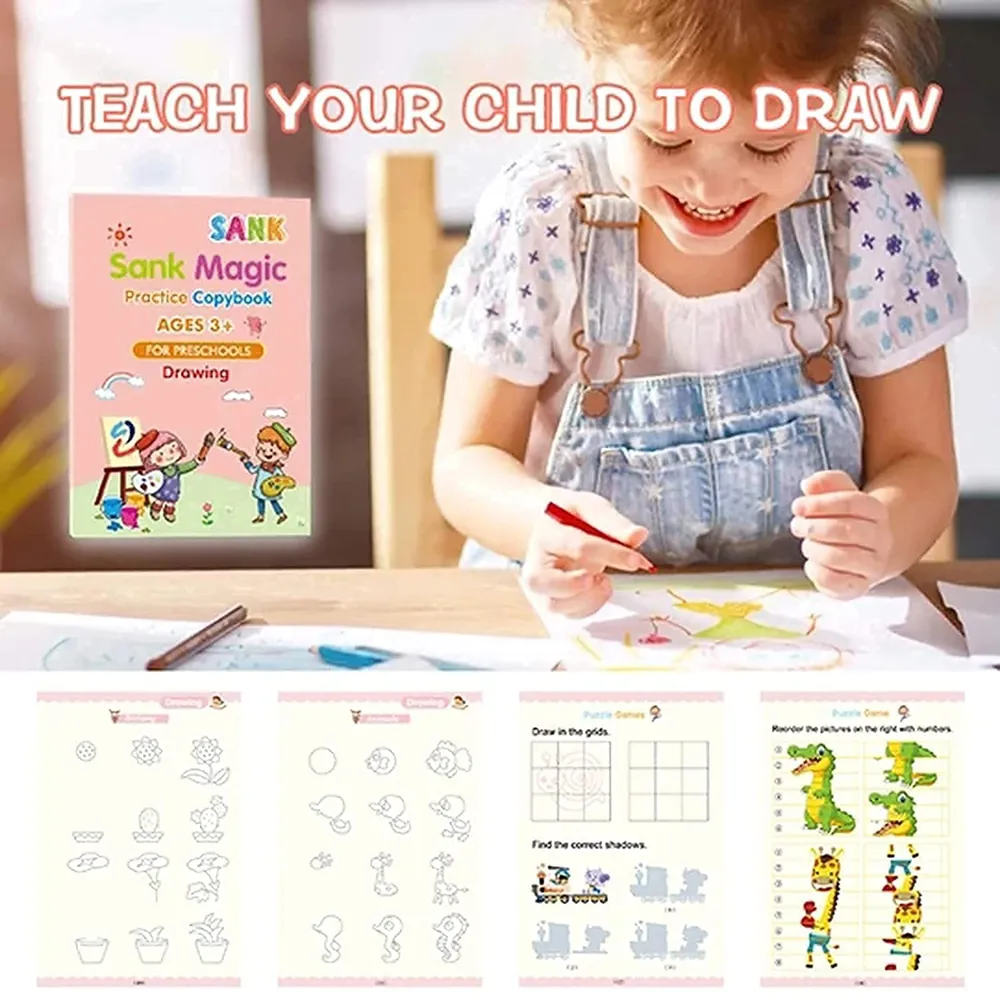 SHNMN Sank Magic Practice Copybook, (4 BOOK +1 PEN + 10 REFILL) Number Tracing Book for Preschoolers with Pen, Magic calligraphy books for kids Reusable Writing Tool