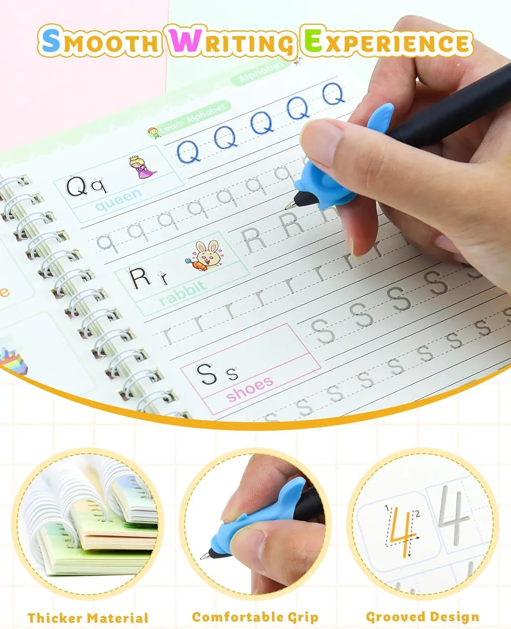 SHNMN Sank Magic Practice Copybook, (4 BOOK +1 PEN + 10 REFILL) Number Tracing Book for Preschoolers with Pen, Magic calligraphy books for kids Reusable Writing Tool