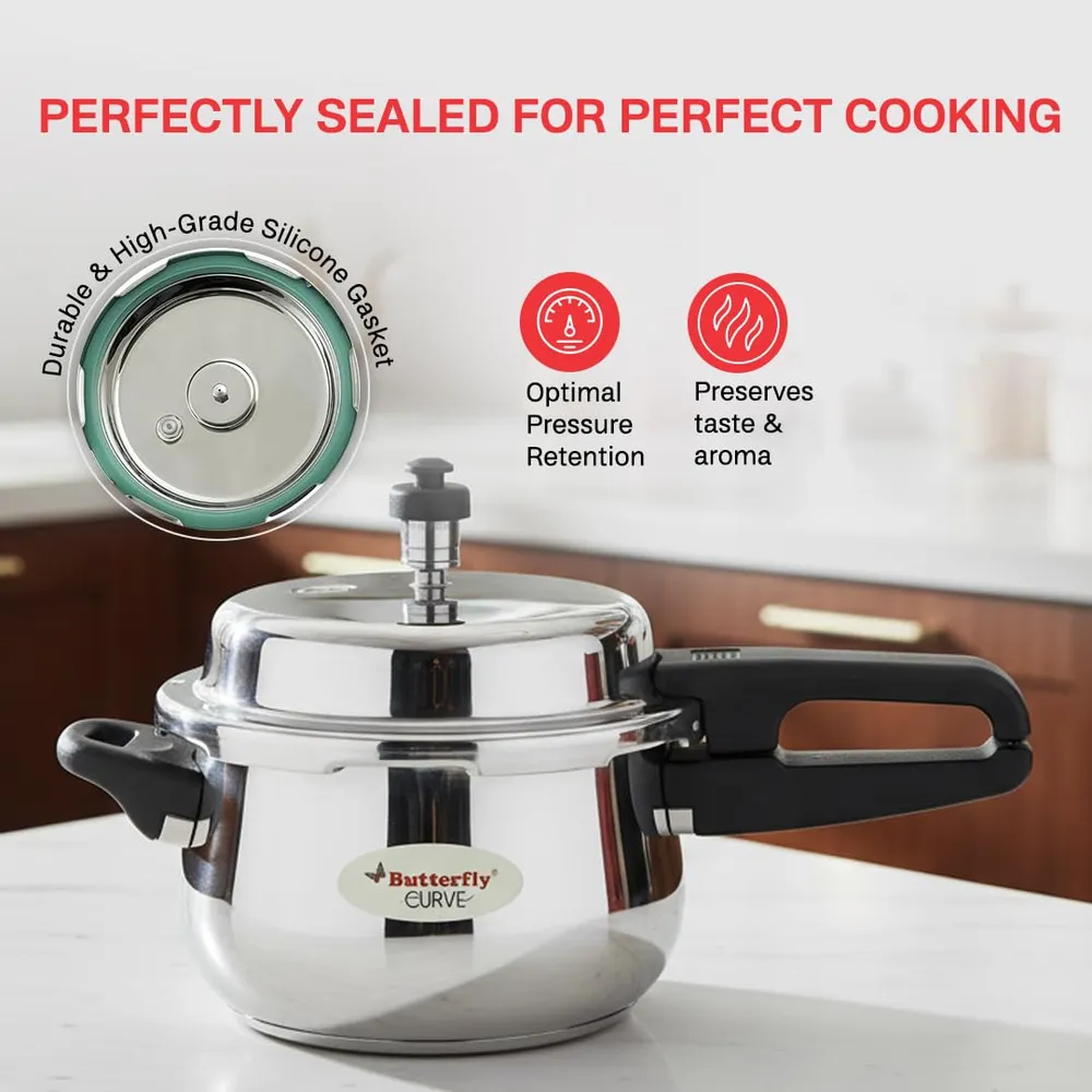 Butterfly Curve 3 Litres Stainless Steel Outer Lid Pressure Cooker | TRIPLY Base | Induction & Gas Stove Compatible | Triple Safety | ISI Certified | 5 Years Manufacturer's Warranty