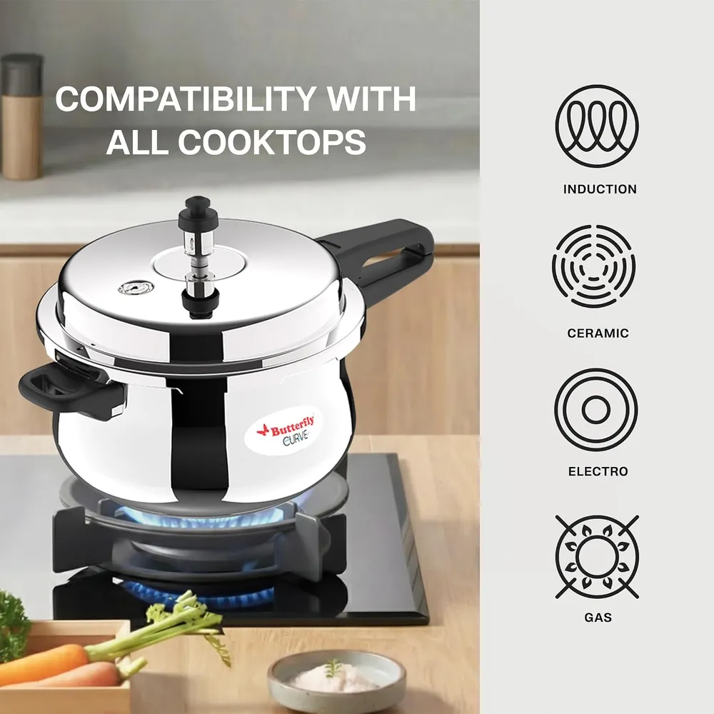 Butterfly Curve 3 Litres Stainless Steel Outer Lid Pressure Cooker | TRIPLY Base | Induction & Gas Stove Compatible | Triple Safety | ISI Certified | 5 Years Manufacturer's Warranty