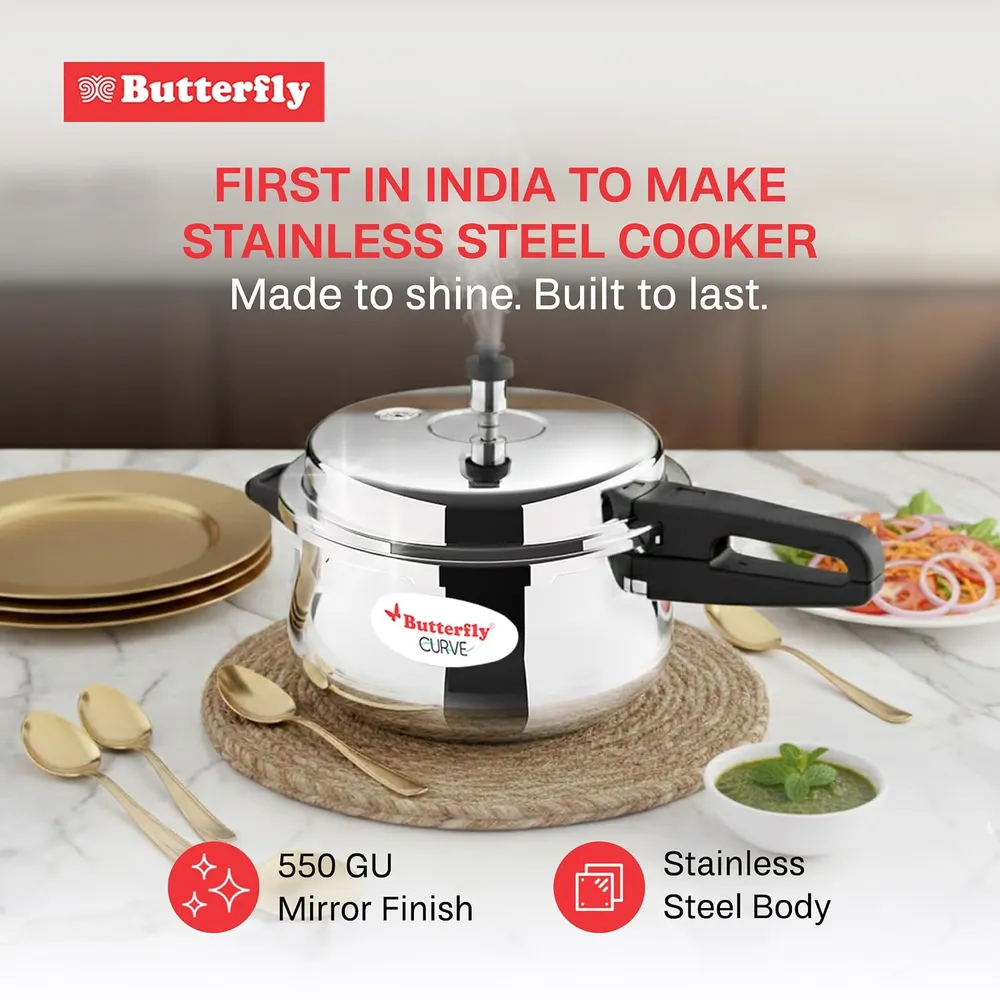Butterfly Curve 3 Litres Stainless Steel Outer Lid Pressure Cooker | TRIPLY Base | Induction & Gas Stove Compatible | Triple Safety | ISI Certified | 5 Years Manufacturer's Warranty