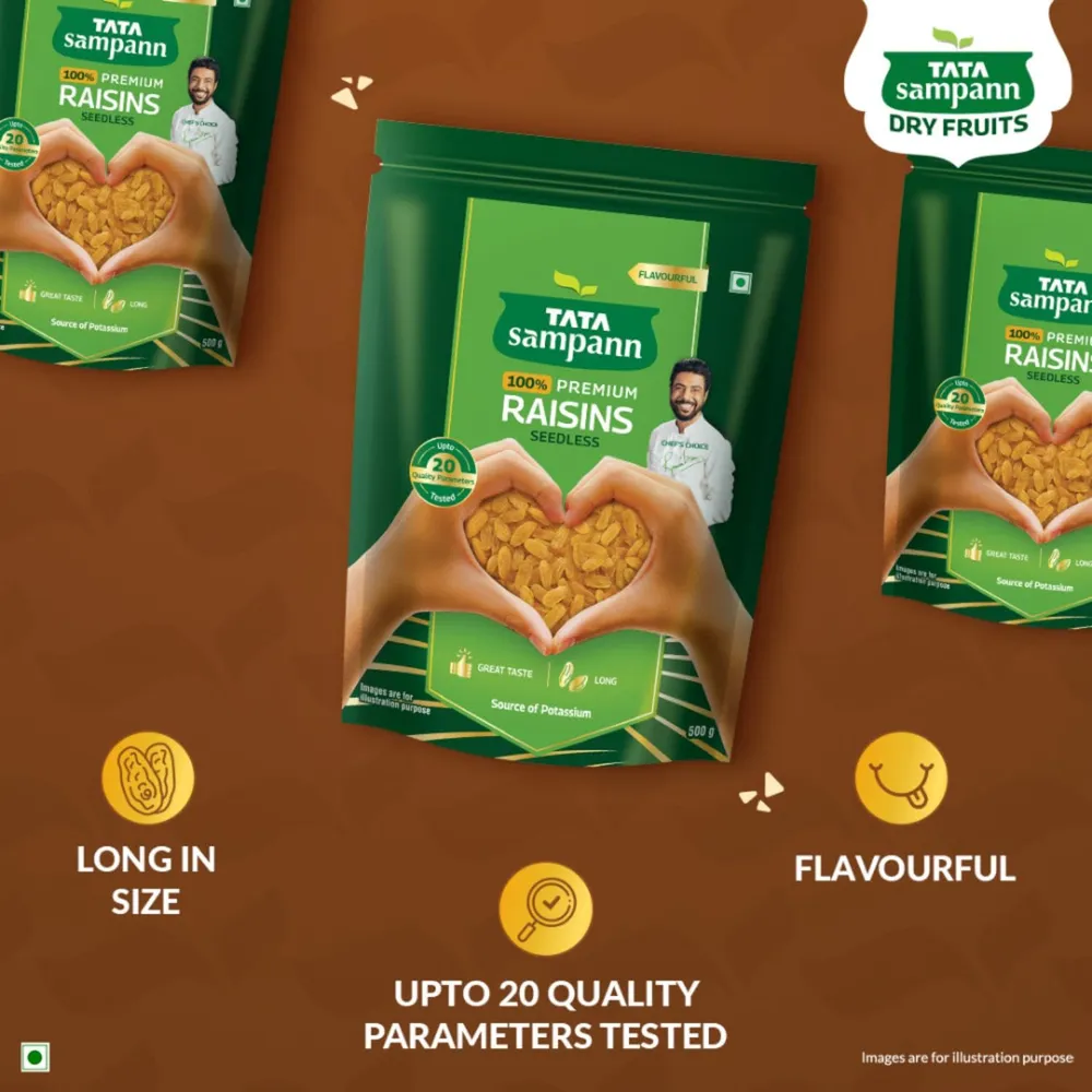Tata Sampann Pure Raisins Seedless/Kishmish, 500g, Source Of Potassium, Premium Dry Fruits, Green Raisins