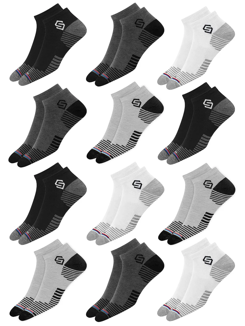 SWAGR 12 Pairs Sports Cotton Ankle Length Socks for Men, Pack of 12., Assorted