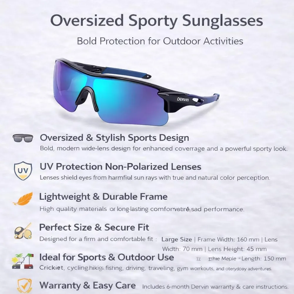 Dervin Non Polarized Oversized Sports Sunglasses for Men Women, Outdoor Cricket Cycling Hiking Fishing Sunglasses