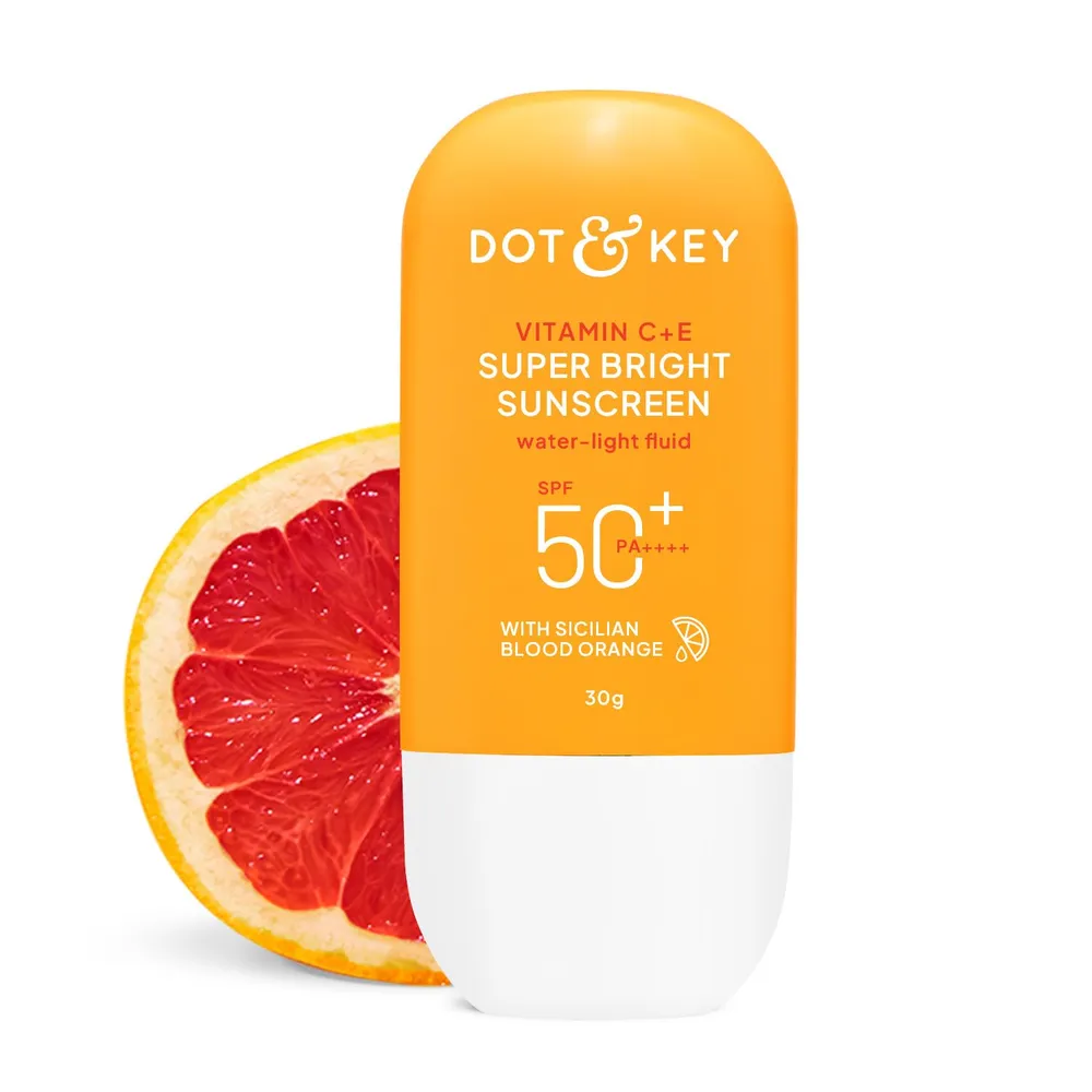 Dot & Key Vitamin C + E Super Bright Sunscreen In-Vivo Tested SPF 50+ PA++++ With New-Age UV Filters, Water-Light Fluid, Boosts Glow, Reduces Dullness & Dark Spots, Checks Tanning, No White Cast || 30G
