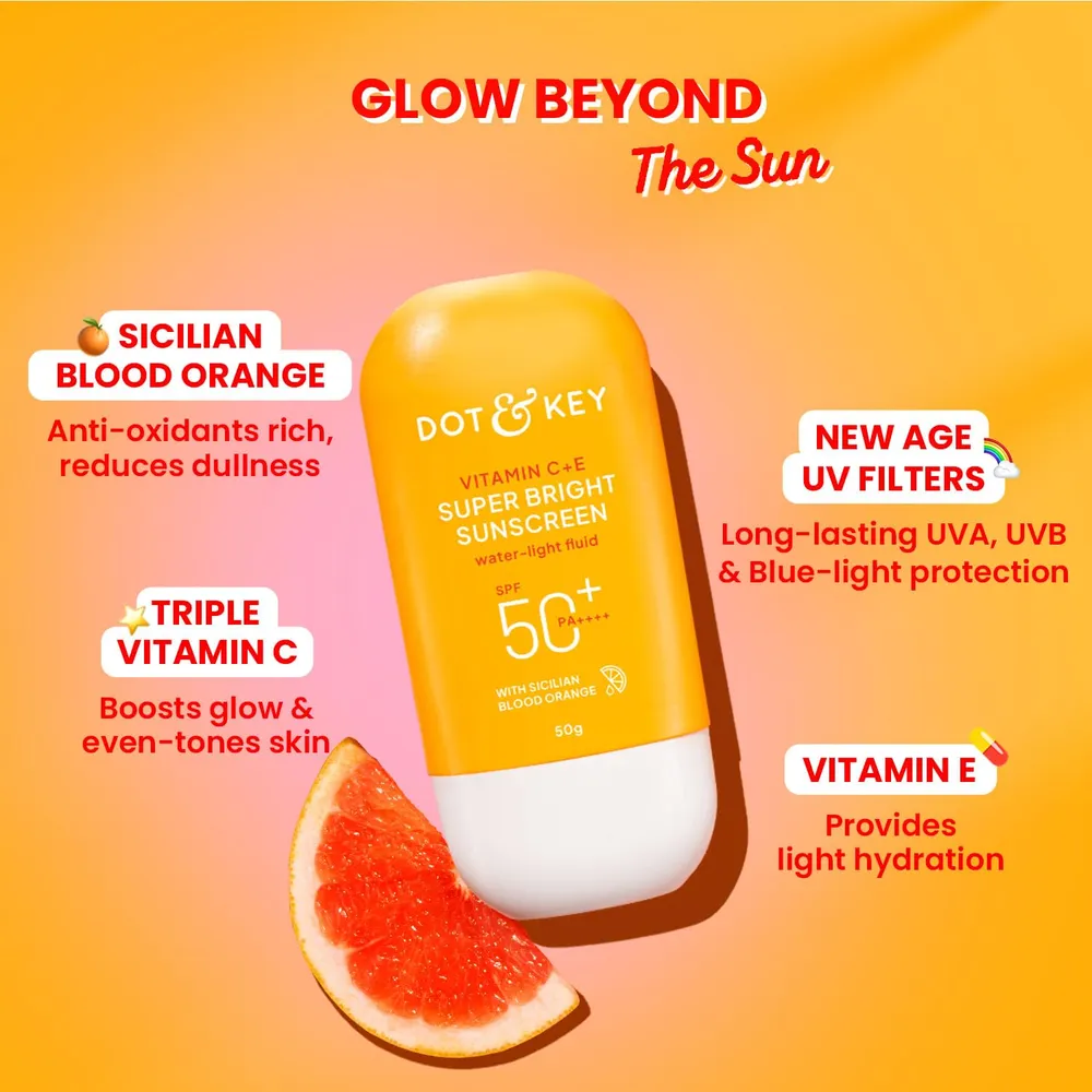 Dot & Key Vitamin C + E Super Bright Sunscreen In-Vivo Tested SPF 50+ PA++++ With New-Age UV Filters, Water-Light Fluid, Boosts Glow, Reduces Dullness & Dark Spots, Checks Tanning, No White Cast || 30G
