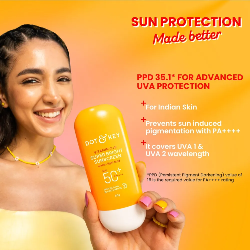 Dot & Key Vitamin C + E Super Bright Sunscreen In-Vivo Tested SPF 50+ PA++++ With New-Age UV Filters, Water-Light Fluid, Boosts Glow, Reduces Dullness & Dark Spots, Checks Tanning, No White Cast || 30G