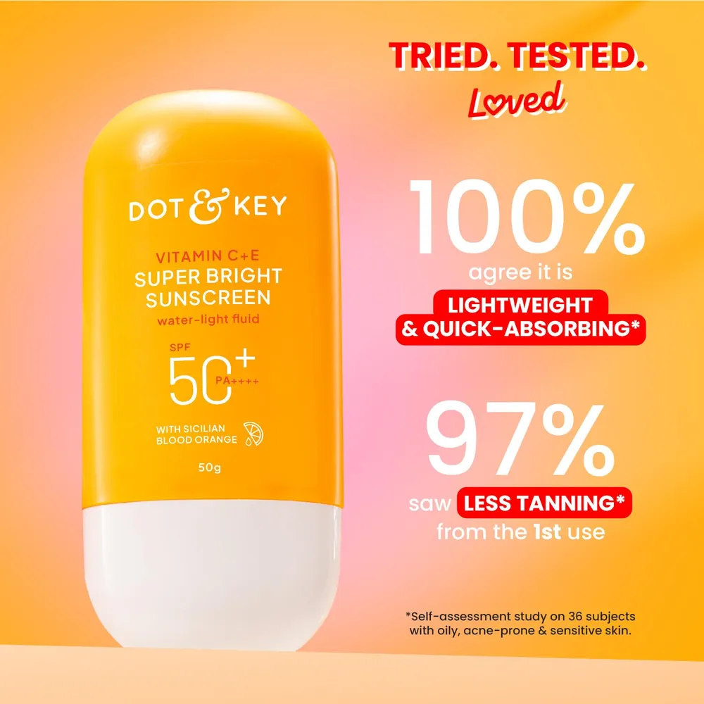 Dot & Key Vitamin C + E Super Bright Sunscreen In-Vivo Tested SPF 50+ PA++++ With New-Age UV Filters, Water-Light Fluid, Boosts Glow, Reduces Dullness & Dark Spots, Checks Tanning, No White Cast || 30G