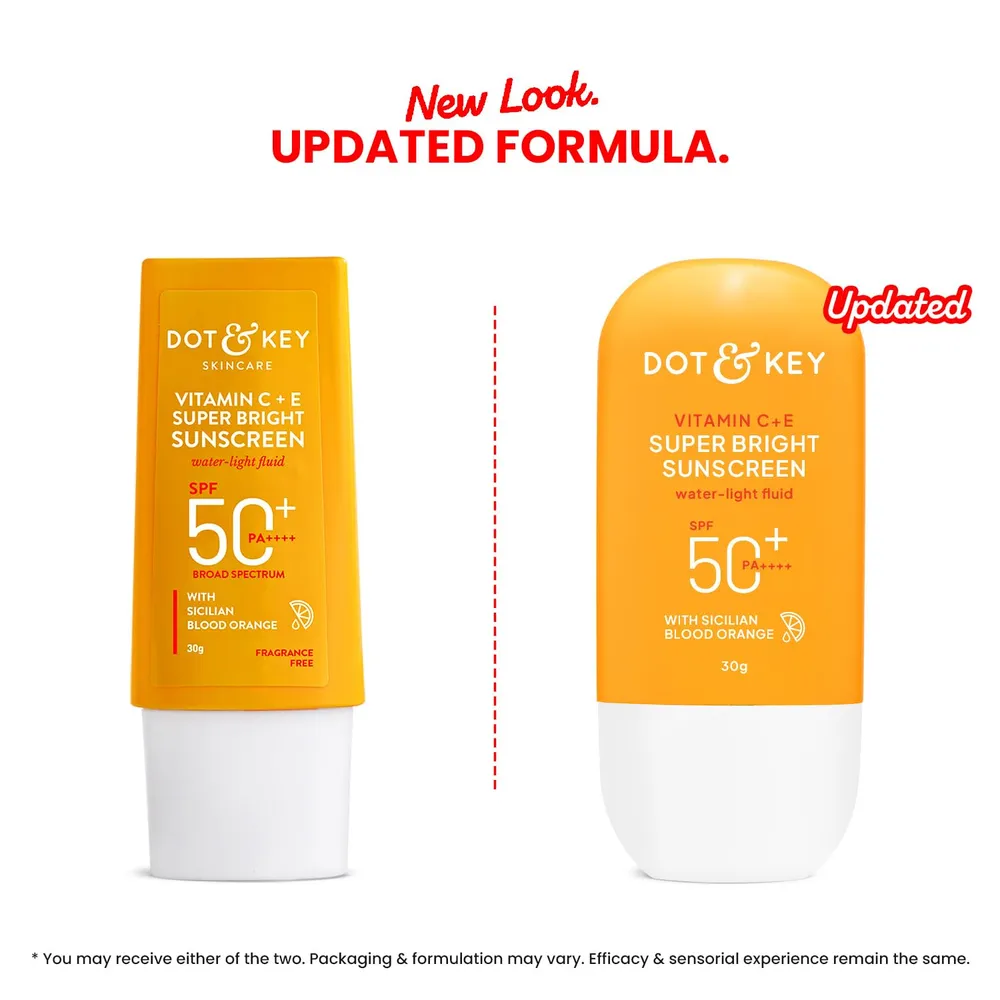 Dot & Key Vitamin C + E Super Bright Sunscreen In-Vivo Tested SPF 50+ PA++++ With New-Age UV Filters, Water-Light Fluid, Boosts Glow, Reduces Dullness & Dark Spots, Checks Tanning, No White Cast || 30G